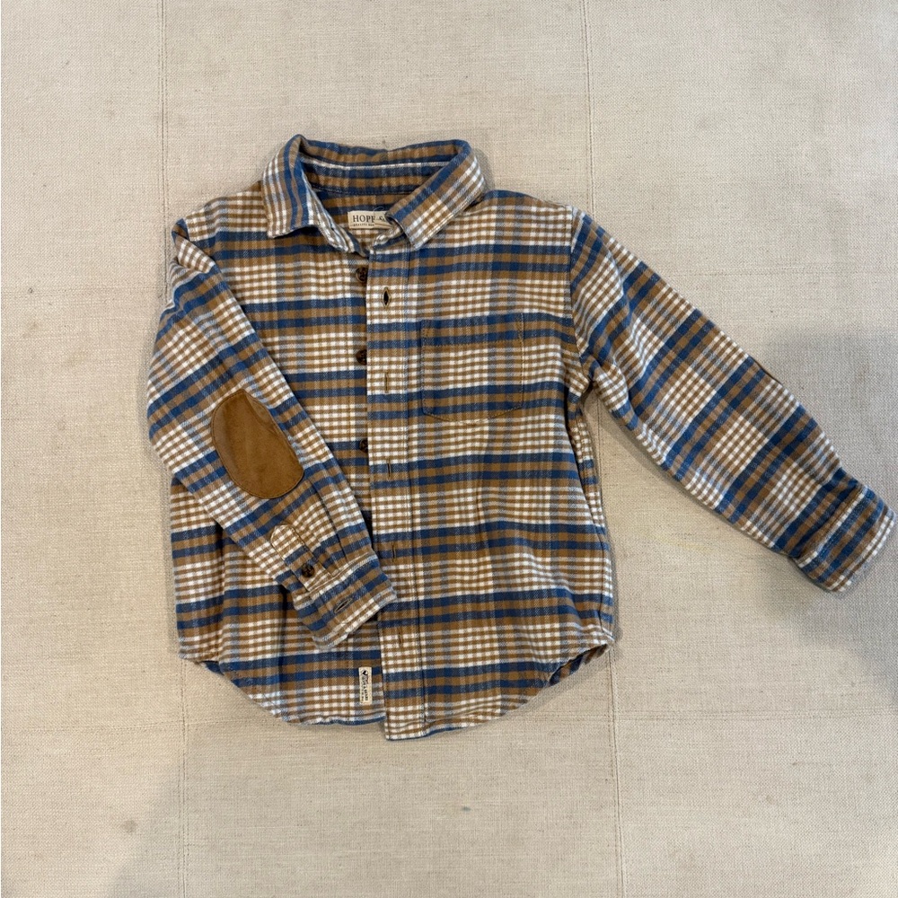 Hope & Henry Plaid Button Down Flannel Shirt - Blue and Brown, XS